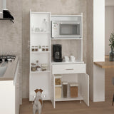 Pantress Complete Pete Kitchen Pantry and Microwave Cabinet with Three Side Storage Shelves, Built-In Pet Station, Compact Countertop, One Drawer, One Small Cabinet and, One Open Shelf