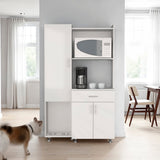 Pantress Complete Pete Kitchen Pantry and Microwave Cabinet with Three Side Storage Shelves, Built-In Pet Station, Compact Countertop, One Drawer, One Small Cabinet and, One Open Shelf