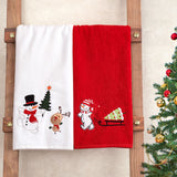 American Soft Linen Christmas Towels Bathroom Set, 2 Packed Embroidered Decorative 100% Cotton Hand Towels, Dish Towels for Decor Xmas