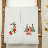 American Soft Linen Christmas Towels Set, 2 Packed Embroidered 100% Cotton Hand Towels, Dish Towels