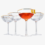 Vintage Crystal Champagne Coupe Gold Rim Hexagonal Angled Glasses | Set of 4 | 6 oz