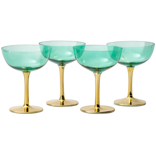 Colored Coupe Art Deco Glasses, Gold | Set of 4 | 8 oz (Green)