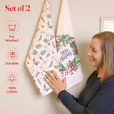 Printed Cotton Kitchen Towels Set of 2 – Poinsettia, Green & White