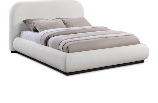 Vaughn Cream Bed - Cozy Linen Textured Fabric with Sturdy Black Wood Base for Ultimate Comfort