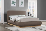 Rigby Art Deco King Bed in Rich Brown Linen Fabric with Fully Slatted Design and Natural Finish