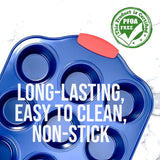 12 Cup Muffin Pan - Deluxe Nonstick Blue Coating Inside & Outside With Red Silicone Handles, Compatible With Models: Ncsbsbl10, Ncsbsbl8, Ncsbsbl6 (Blue)