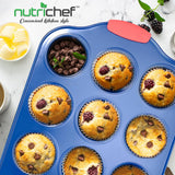 12 Cup Muffin Pan - Deluxe Nonstick Blue Coating Inside & Outside With Red Silicone Handles, Compatible With Models: Ncsbsbl10, Ncsbsbl8, Ncsbsbl6 (Blue)