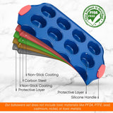 12 Cup Muffin Pan - Deluxe Nonstick Blue Coating Inside & Outside With Red Silicone Handles, Compatible With Models: Ncsbsbl10, Ncsbsbl8, Ncsbsbl6 (Blue)