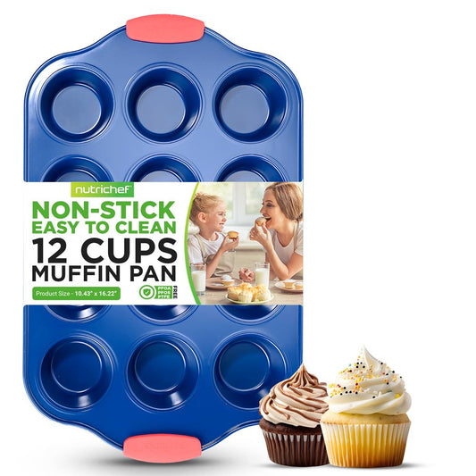 12 Cup Muffin Pan - Deluxe Nonstick Blue Coating Inside & Outside With Red Silicone Handles, Compatible With Models: Ncsbsbl10, Ncsbsbl8, Ncsbsbl6 (Blue)