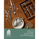 Bloomhouse 20 Piece Stone Washed Flatware 18/10 Stainless Steel Silverware Cutlery Utensil Set With Acacia Wood Caddy - Service for 4