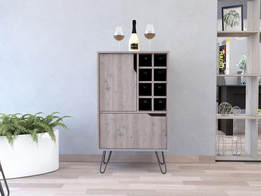 Tuhome Manhattan L Bar Cabinet with Eight Built-In Wine Cubbies, Dual Single-Door Storage Cabinets, Integrated Stemware Rack, Modern Entertaining Bar Unit for Liquor Display, Glassware Organization, and Home Gatherings