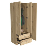 Tuhome Austral Three-Door Armoire with Double Door Hanging Cabinet, Full-Height Shelving Section, Two Spacious Storage Drawers, Modern Multi-Compartment Wardrobe for Organized Bedrooms and Versatile Home Storage
