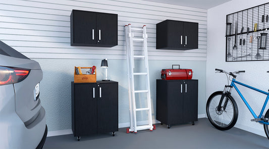 TUHOME Melrose 4-Piece Garage Set with Two Storage Cabinets and Two Utility Shelf Units, Heavy-Duty Organization for Tools, Equipment and Supplies, 35.4"H x 27.5"W x 15.9"D, Black