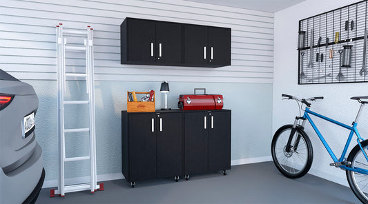 TUHOME Melrose 4-Piece Garage Set with Two Storage Cabinets and Two Utility Shelf Units, Heavy-Duty Organization for Tools, Equipment and Supplies, 35.4"H x 27.5"W x 15.9"D, Black