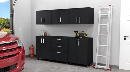 TUHOME Akron 6-Piece Garage Set with Three Storage Cabinets and Three Utility Shelf Units, Heavy-Duty Tool and Equipment Organization for Garages and Workshops, 35.4"H x 27.5"W x 15.9"D, Black