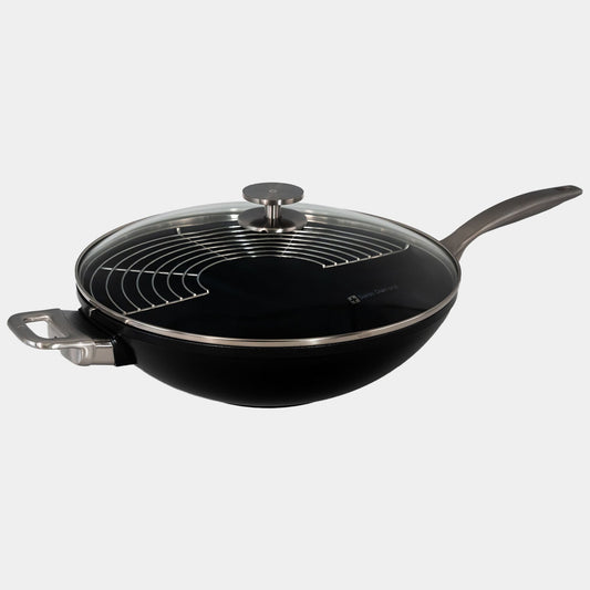 CHD Dual Ceramic Layer, Diamond Reinforced Nonstick 12.5" Wok with Glass Lid | Made in Switzerland