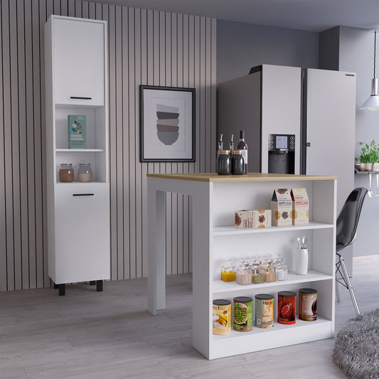 TUHOME Glendale 2-Piece Kitchen Set with Tanna Countertop Island and Hobart Pantry Cabinet, Modern Prep and Storage Solution for Apartments and Homes, White/Light Oak