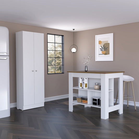 TUHOME Charlotte 2-Piece Kitchen Set with Storage Cabinet and Multi-Level Countertop Island, Modern Prep and Pantry Organization for Small Kitchens and Apartments, 35.4"H x 40.5"W x 27.5"D, White/Walnut