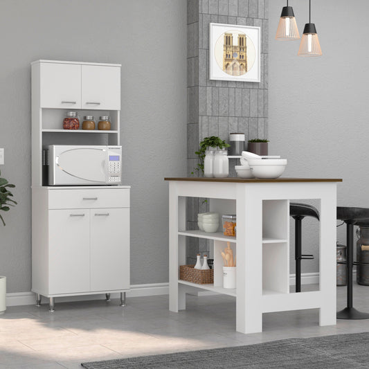 TUHOME Cala 2-Piece Kitchen Set with Storage Cabinet and Multi-Level Countertop Island, Modern Small-Space Kitchen Organizer for Cooking Prep and Pantry Use, 35.4"H x 40.5"W x 27.5"D, White/Walnut