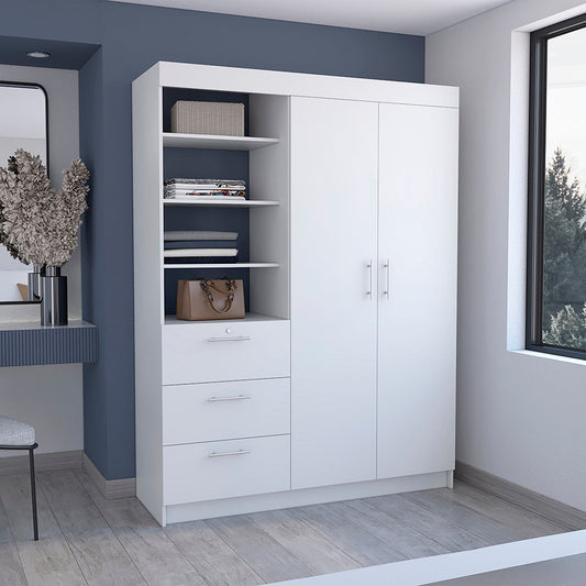 Tuhome Kenya 3 Drawers Armoire with Double Door Cabinet, Hanging Rod Storage, Three-Tier Open Shelves, Modern Bedroom Closet Organizer with Spacious Drawers and Multi-Functional Display Space for Home Organization
