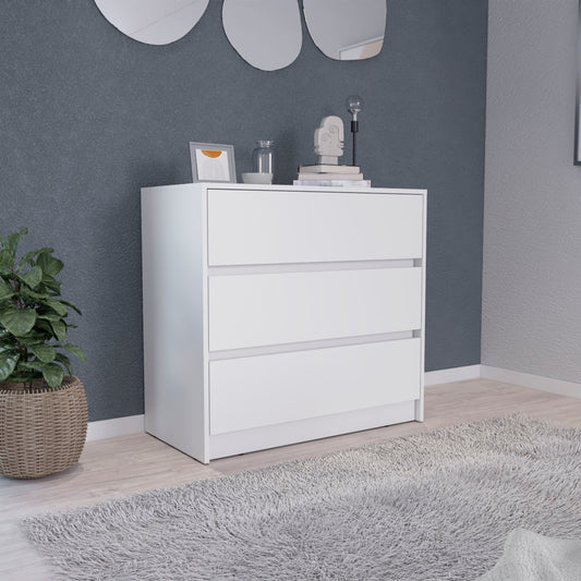 Tuhome Austin Three Drawer Dresser with Smooth Pull-Out Mechanism, Modern Storage Solution for Bedrooms and Small Spaces, Spacious Drawers with Metal Rails and Wide Superior Top for Clothes Organization and Home Essentials