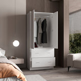 Taly 2-Door Armoire with Two Drawers and Hanging Rod, Spacious Wardrobe Storage Cabinet for Clothing, Accessories and Daily Essentials, Functional Vertical Closet Organizer for Bedrooms and Dressing Spaces