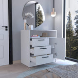 TUHOME Omaha Multi-Storage Dresser with Three Spacious Drawers, Single Door Cabinet, Interior Shelves and Contemporary Pull Handles Offering Compact Home Organization and Durable Engineered Wood Construction