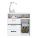 TUHOME Omaha Multi-Storage Dresser with Three Spacious Drawers, Single Door Cabinet, Interior Shelves and Contemporary Pull Handles Offering Compact Home Organization and Durable Engineered Wood Construction