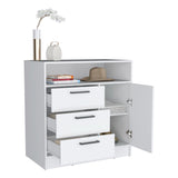 TUHOME Omaha Multi-Storage Dresser with Three Spacious Drawers, Single Door Cabinet, Interior Shelves and Contemporary Pull Handles Offering Compact Home Organization and Durable Engineered Wood Construction