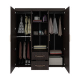 Bariloche Wardrobe with Multi-Section Storage, Three Hanging Rods, Central Open Shelving Area, Two Smooth-Glide Drawers, Metal Handles and Spacious Organization