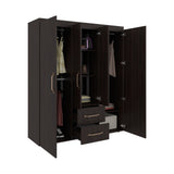 Bariloche Wardrobe with Multi-Section Storage, Three Hanging Rods, Central Open Shelving Area, Two Smooth-Glide Drawers, Metal Handles and Spacious Organization