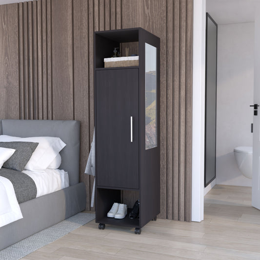 Cluster 63" Tall Wardrove One-Door Cabinet with Mirror, Three Shelves, Casters and Hanging Rod, Armoire, Bedroom Clothes Storage, Cabinet Organizer