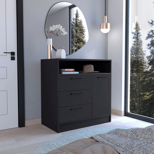 TUHOME Omaha Multi-Storage Dresser with Three Spacious Drawers, Single Door Cabinet, Interior Shelves and Contemporary Pull Handles Offering Compact Home Organization and Durable Engineered Wood Construction