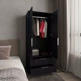 Wenden Ultimate Bedroom Storage Armoire Wardrobe Solution Double Door Design Featuring Two Spacious Pull-Out Utility Drawers Interior Hanging Rod and Shelving for Comprehensive Garment Organization