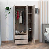 Tuhome Austral Three-Door Armoire with Double Door Hanging Cabinet, Full-Height Shelving Section, Two Spacious Storage Drawers, Modern Multi-Compartment Wardrobe for Organized Bedrooms and Versatile Home Storage