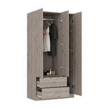 Tuhome Austral Three-Door Armoire with Double Door Hanging Cabinet, Full-Height Shelving Section, Two Spacious Storage Drawers, Modern Multi-Compartment Wardrobe for Organized Bedrooms and Versatile Home Storage