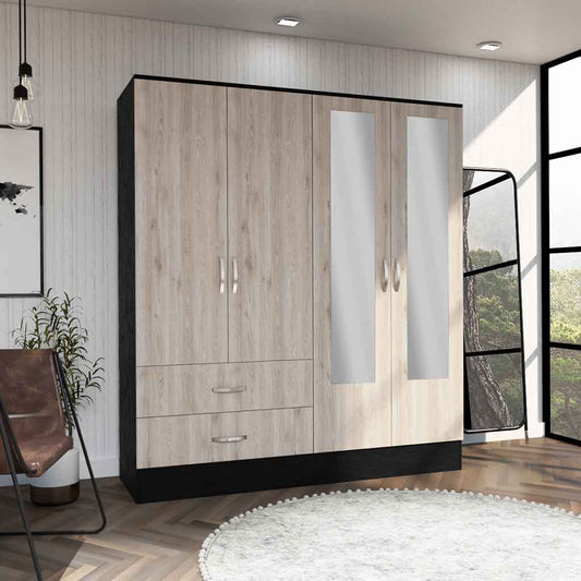 Tuhome Bolton 160 Armoire with Six Shelves, Two Double Door Cabinets, Two Mirrors, Two Drawers, Rod for Bedroom or Closet