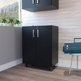 TUHOME Storage Cabinet with Casters, Double Door Design, Two Interior Shelves and Mobile Utility Storage for Garage, Laundry Room or Workspace Organization, Compact Freestanding Cabinet for Everyday Use