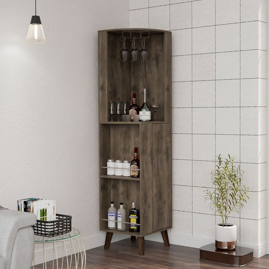 Tuhome Cincinatti Corner Bar Cabinet with Superior Top Shelf, Cup Rack, One Drawer, Two External Shelves and Four-Leg Freestanding Design for Home Bar Storage, Cocktail Organization and Space-Saving Display