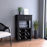 Memphis Bar Cart with Twelve Built-In Wine Rack Cubbies, Smooth-Glide Storage Drawer, Open Display Space and Mobile Caster Wheels for Organized Home Entertaining, Wine Storage and Modern Beverage Service Convenience