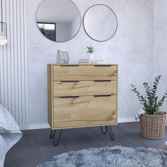 Tuhome Augusta Dresser with Three Spacious Drawers, Modern Hairpin Metal Legs, Wide Superior Top for Décor and Storage, Contemporary Bedroom Organizer for Clothes, Essentials and Small Spaces, Stylish Compact Storage Solution