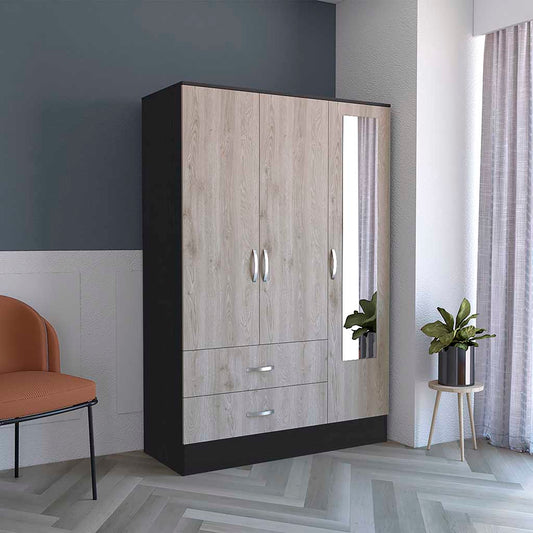 Tuhome Bolton 120 Mirrored Armoire with Metal Hardware, Double Door Cabinet, Two Drawers, Single Door with Mirror, Rods, Modern Storage Solution for Bedroom or Closet