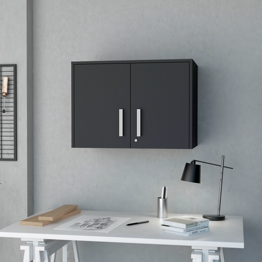 Tuhome Wall Mounted Storage Cabinet with Double Door, Three Interior Shelves, Lockable Design for Office, Garage, Laundry or Utility Room Organization, Modern Space-Saving Wall Cabinet for Secure and Practical Storage