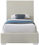 Crosby Mid Century Modern Bed with Elegant Linen Upholstery and Stylish Gold & Chrome Legs