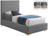 Crosby Mid Century Modern Bed with Elegant Linen Upholstery and Stylish Gold & Chrome Legs