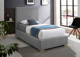 Crosby Mid Century Modern Bed with Elegant Linen Upholstery and Stylish Gold & Chrome Legs