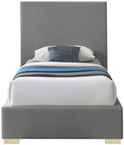 Crosby Mid Century Modern Bed with Elegant Linen Upholstery and Stylish Gold & Chrome Legs