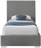 Crosby Mid Century Modern Bed with Elegant Linen Upholstery and Stylish Gold & Chrome Legs