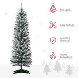 HOMCOM 5' Snow Flocked Artificial Pencil Christmas Tree, Slim Xmas Tree with Realistic Branches and Plastic Base Stand for Indoor Decoration, Green
