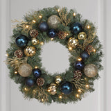 Haute Decor 24 Inch Sutton Place Christmas Wreath with Blue and Gold Shatterproof Ornaments